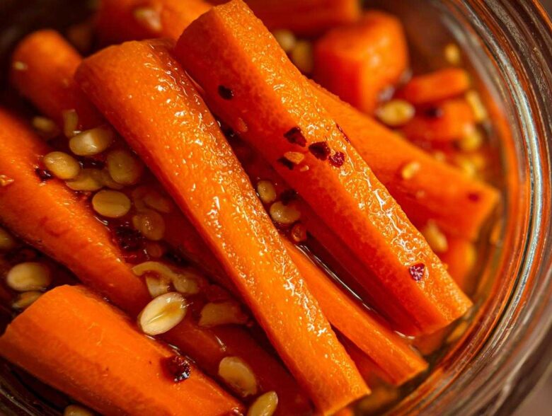Close-up of bright orange pickled carrots sticks submerged in brine with visible chili flakes and garlic cloves.