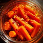 Overhead close-up of bright orange pickled carrots spears submerged in brine with visible chili flakes and seeds.