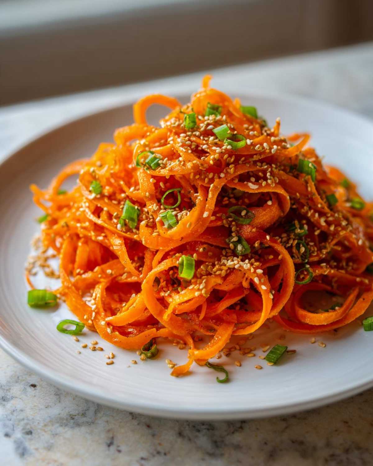 A vibrant mound of spiralized raw carrot salad topped with toasted sesame seeds and chopped green onions.