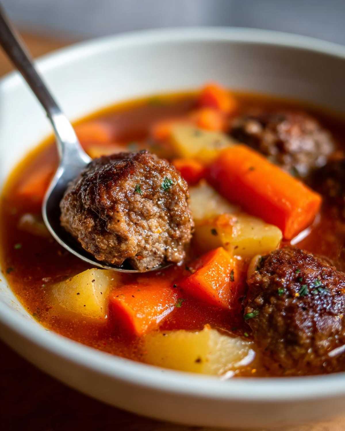 A spoonful lifts a browned meatball from a bowl of rich, tomato-based albondigas soup with chunks of carrots and potatoes.