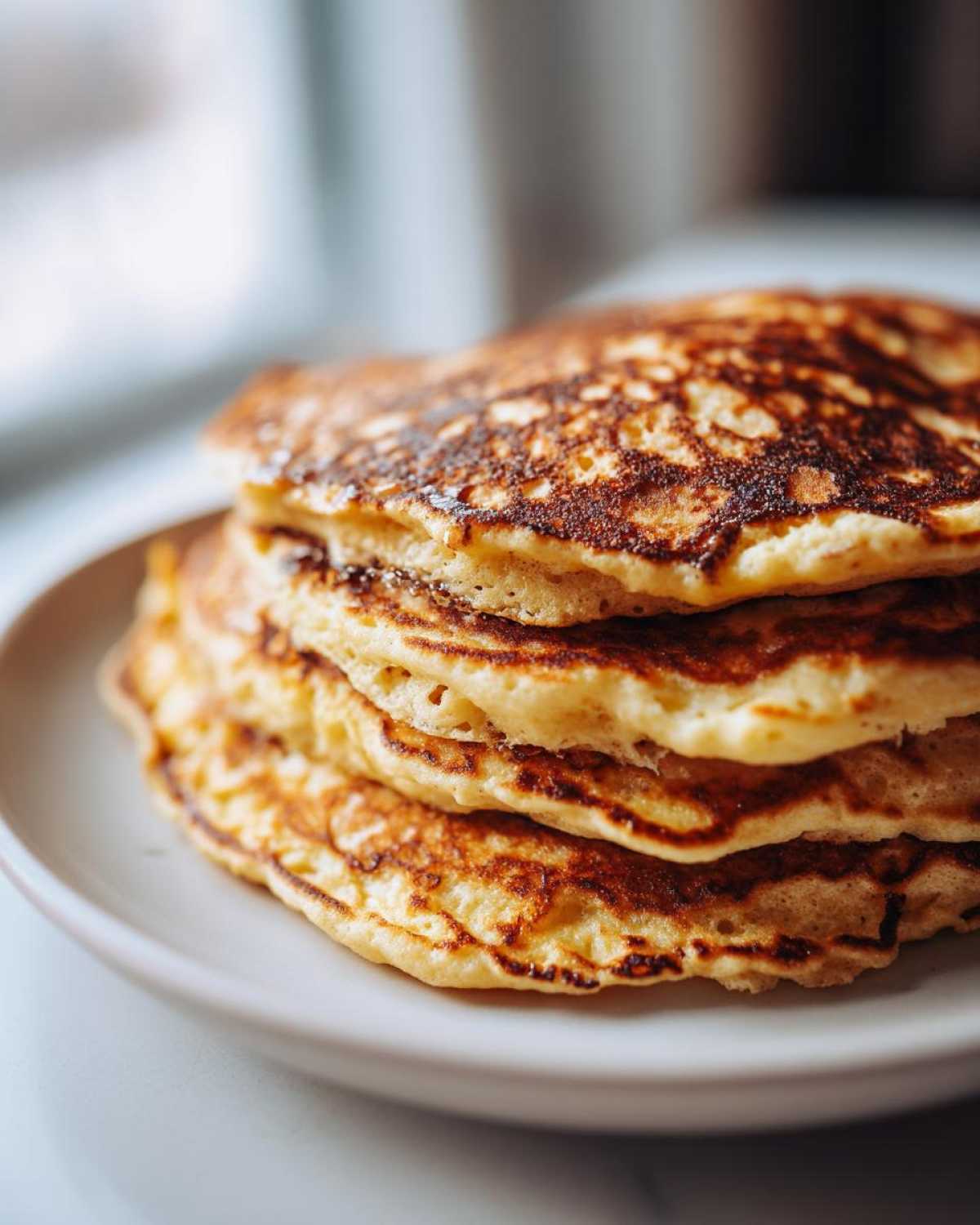 A close-up shot of a tall stack of golden brown almond flour pancakes on a light plate.