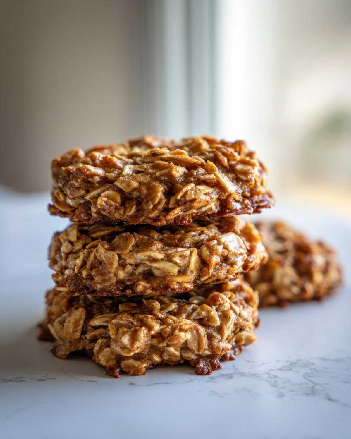 A stack of three moist banana oatmeal cookies made with visible rolled oats, sitting on a marble surface.