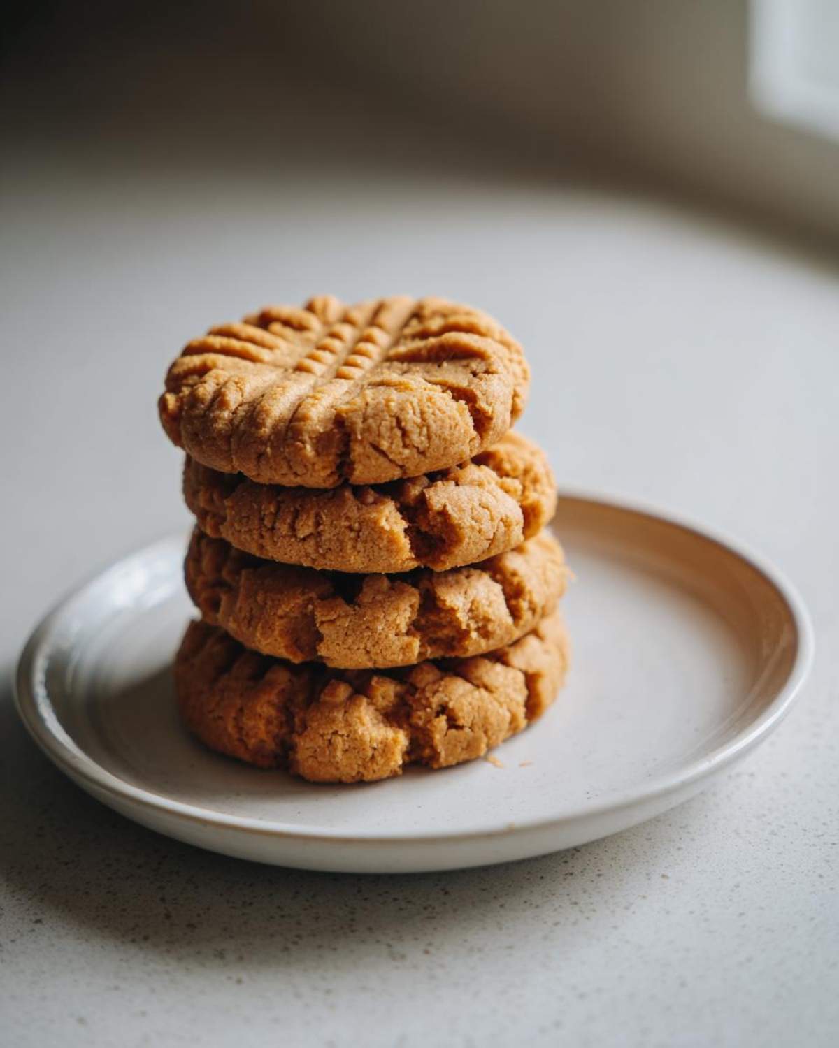 A stack of four classic peanut butter cookies showing the traditional criss-cross fork marks on top.