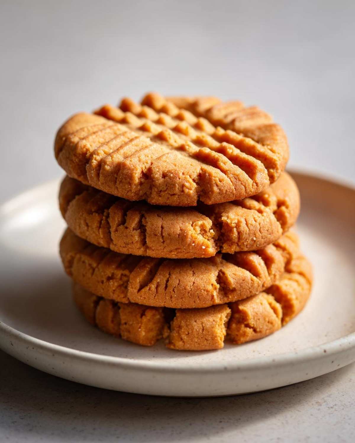 A close-up stack of four classic peanut butter cookies showing the traditional criss-cross fork marks on top.