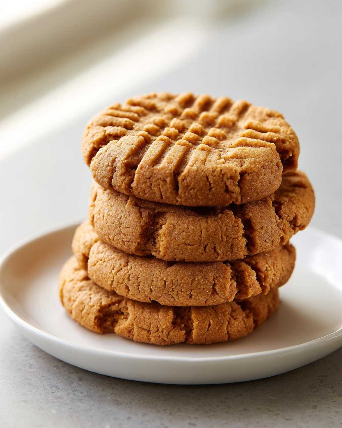 A stack of four classic peanut butter cookies featuring the traditional criss-cross fork marks.