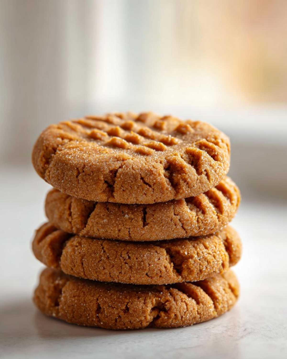 A stack of four classic Easy Peanut Butter Cookies showing the traditional criss-cross fork marks.