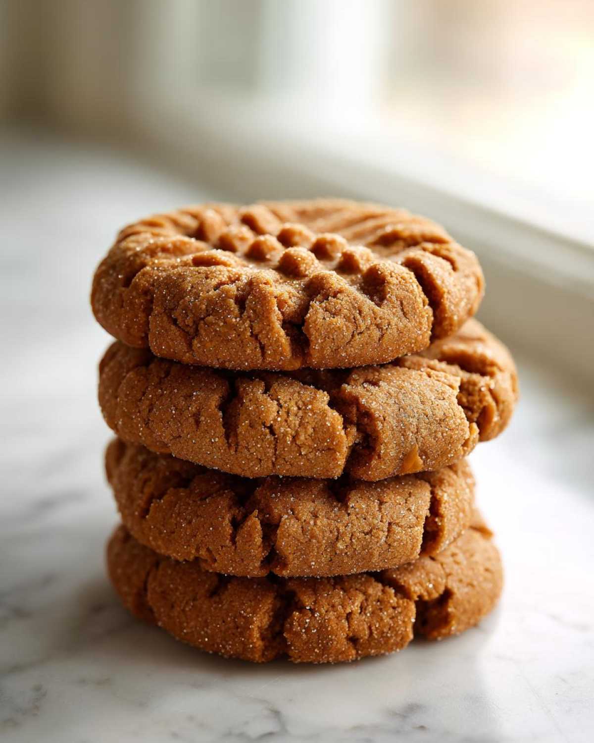 A vertical stack of four classic Easy Peanut Butter Cookies with fork marks on top, resting on a marble surface.