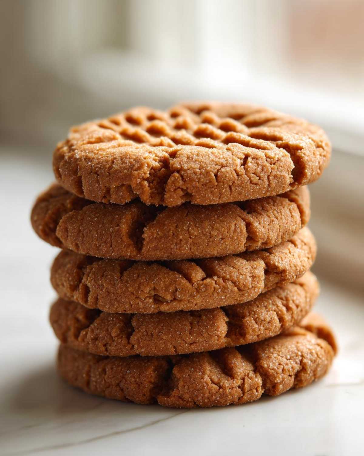 A vertical stack of five classic Easy Peanut Butter Cookies showing the criss-cross fork marks on top.