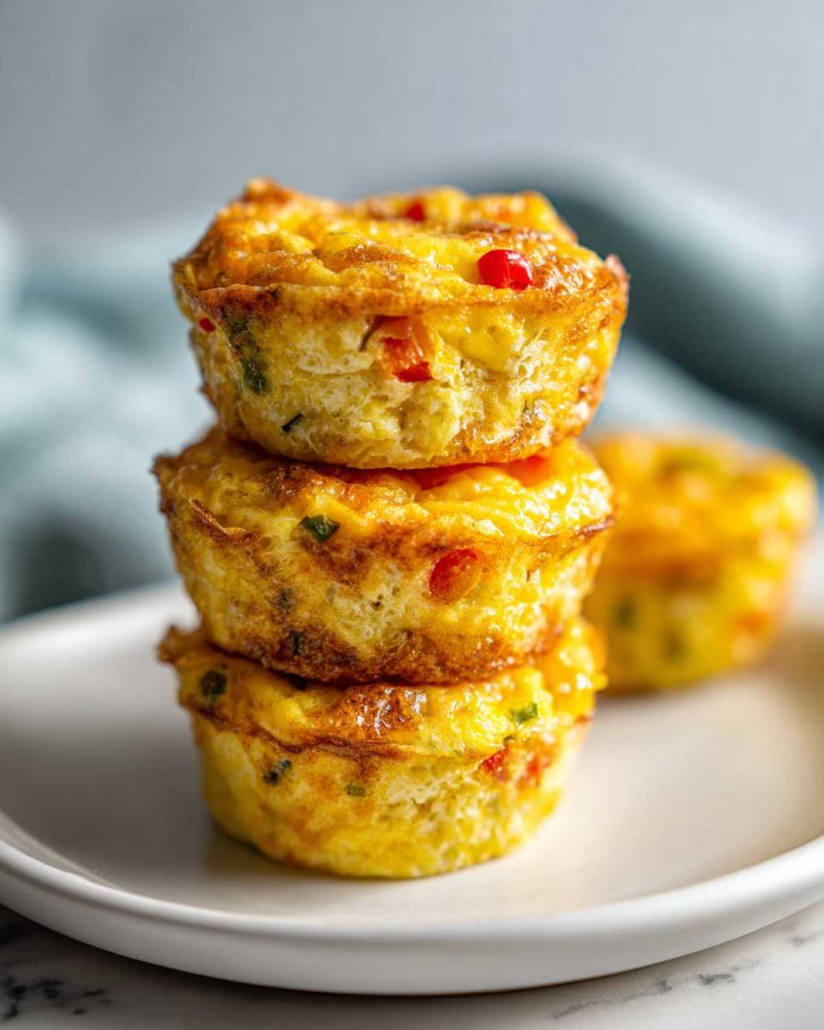 A stack of three golden-brown Egg Muffin Cups filled with visible pieces of red and green peppers on a white plate.
