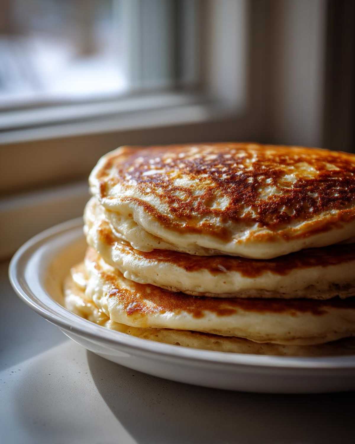 A close-up stack of four fluffy pancakes with golden brown, slightly glossy tops served on a white plate.