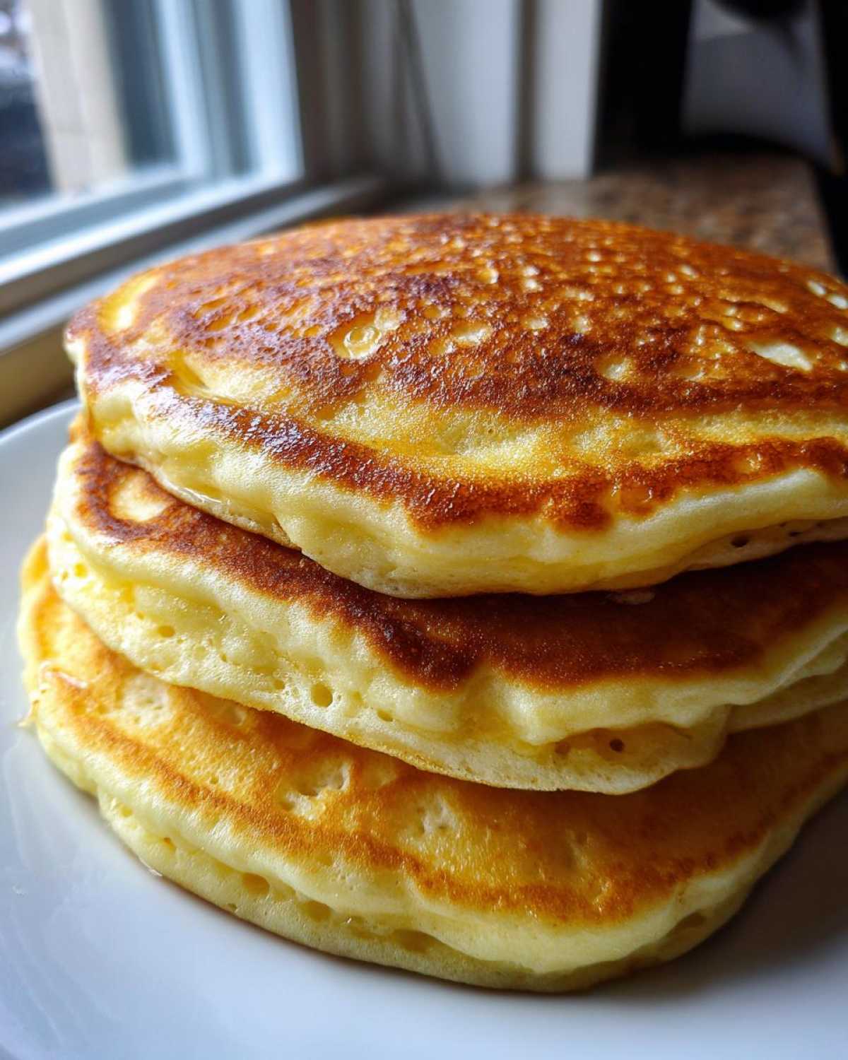 Close-up of a stack of three golden-brown, thick, and fluffy pancakes ready to eat.