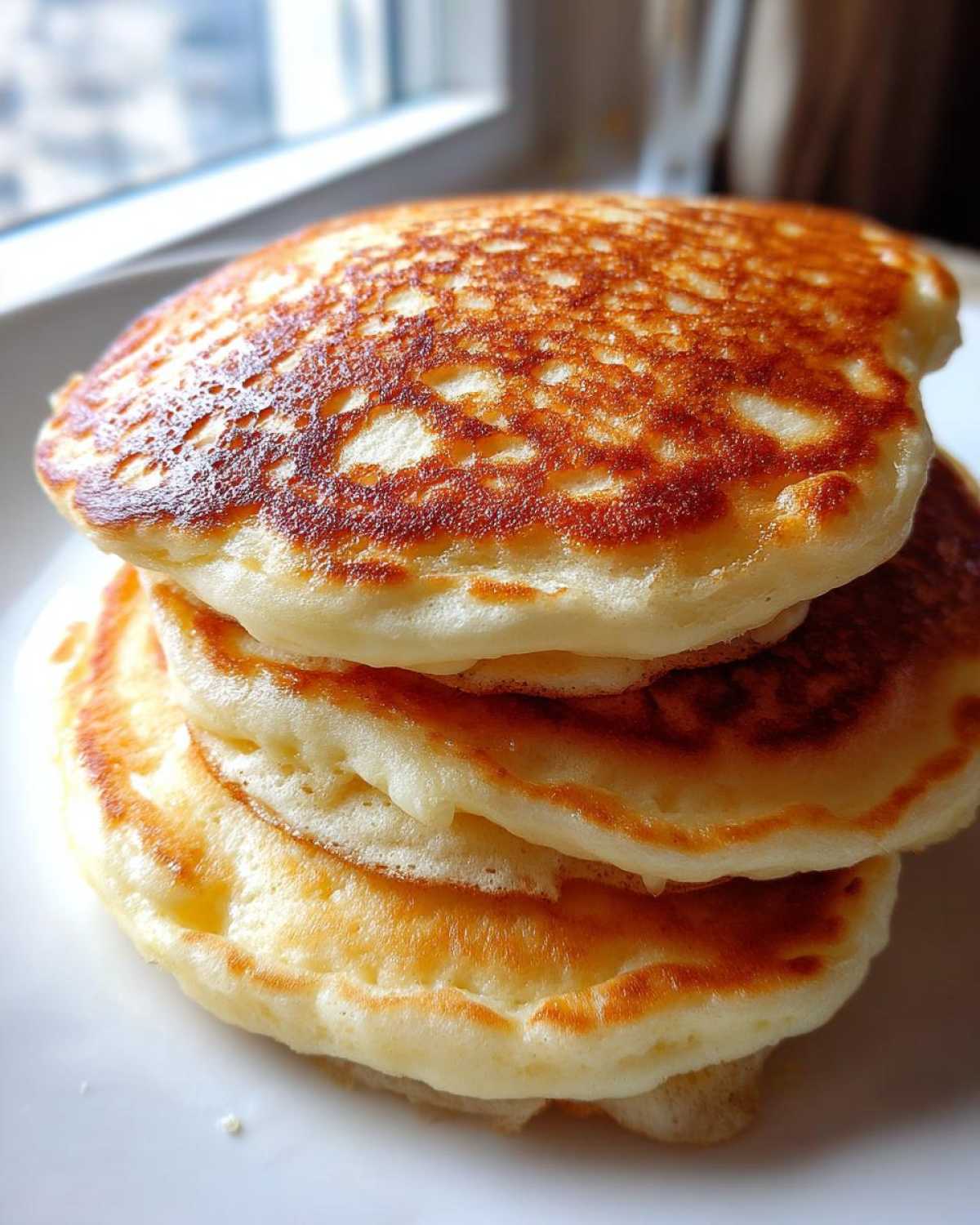 Close-up of a tall stack of three perfectly cooked, golden brown fluffy pancakes.