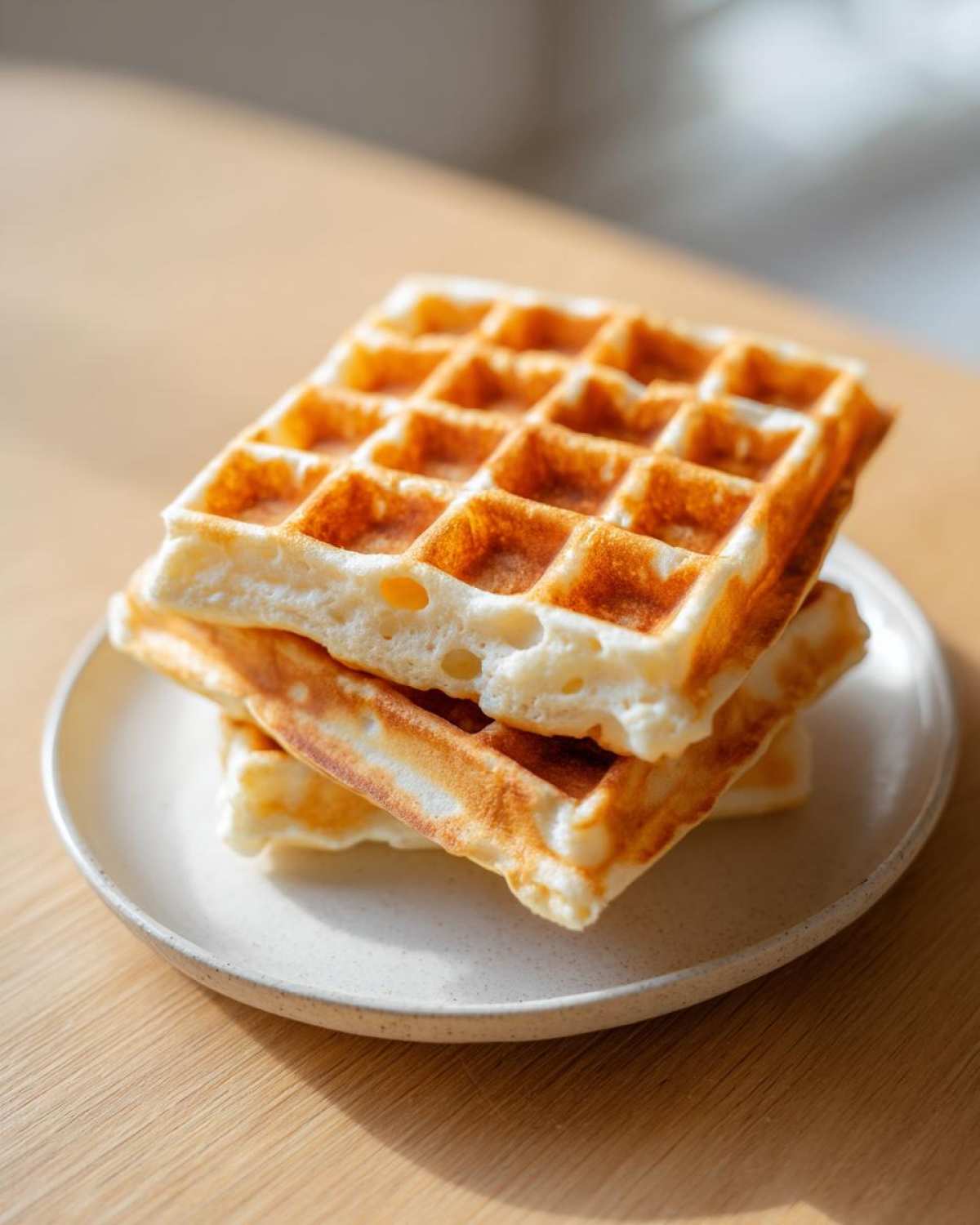 A stack of two golden brown, fluffy high protein waffles resting on a speckled white plate.
