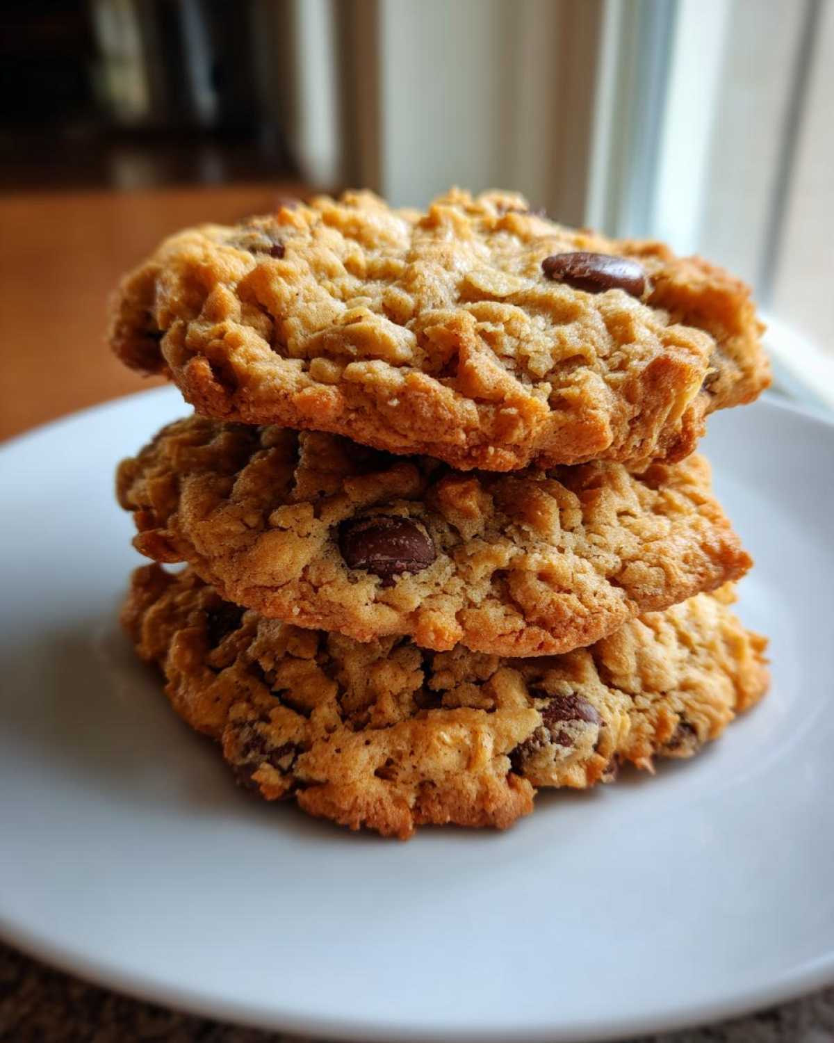 A stack of three golden brown, chewy oatmeal cookie treats with visible chocolate chips resting on a white plate.