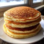 A tall stack of four golden brown, fluffy pancakes resting on a white plate near a window.