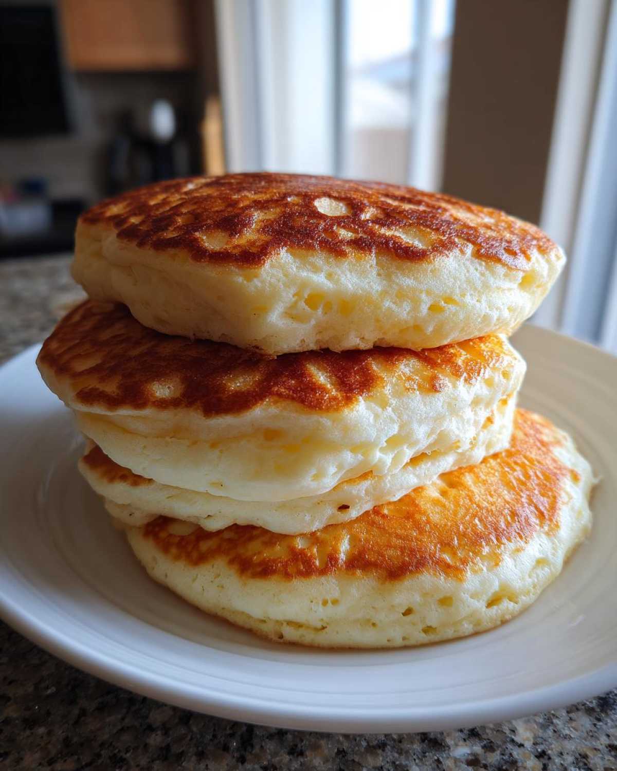 A close-up of three thick, fluffy pancakes stacked on a white plate, showing golden-brown tops.