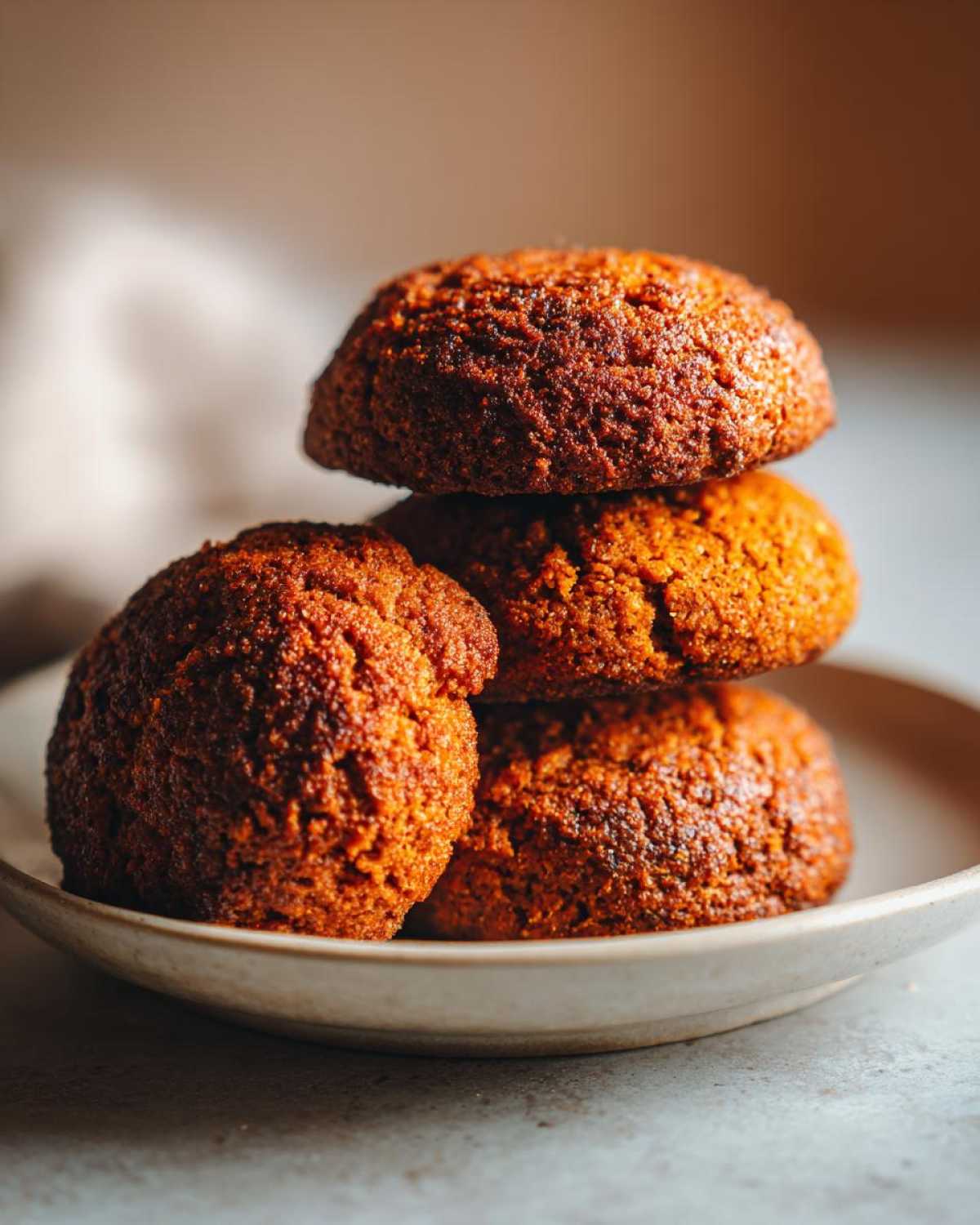 A close-up stack of four deeply browned, soft persimmon cookies resting on a light ceramic plate.