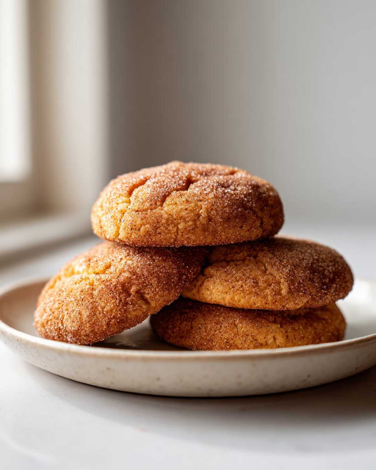 A stack of four soft, thick pumpkin snickerdoodle cookies coated in cinnamon sugar, resting on a light plate.
