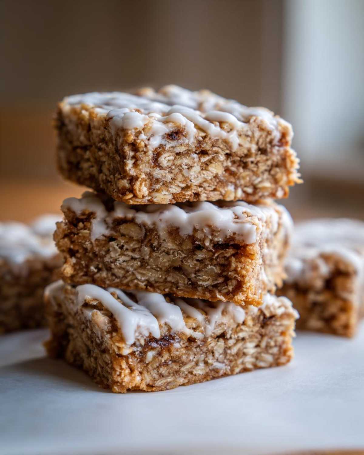 Close-up of three stacked, thick oatmeal bars topped with a white vanilla glaze drizzle.
