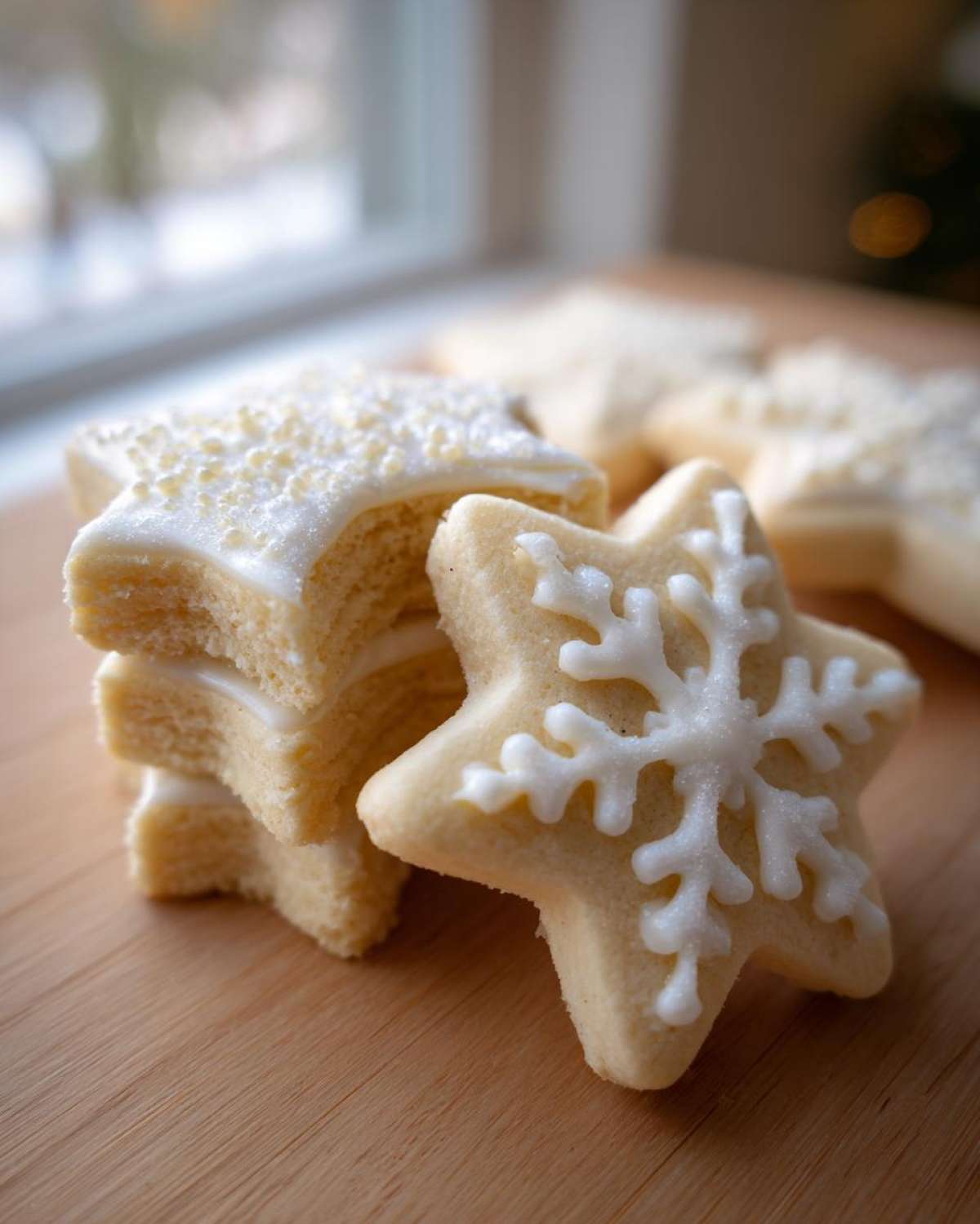 Close-up of soft, star-shaped vegan sugar cookies decorated with white icing and sprinkles.