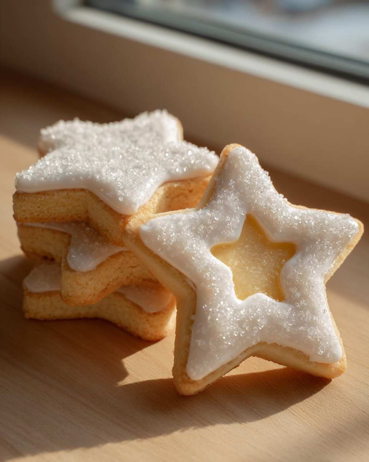 A stack of star-shaped vegan sugar cookies topped with white royal icing and sparkling sugar crystals.