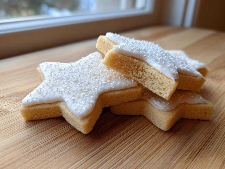 A stack of star-shaped vegan sugar cookies topped with white icing and fine sprinkles.