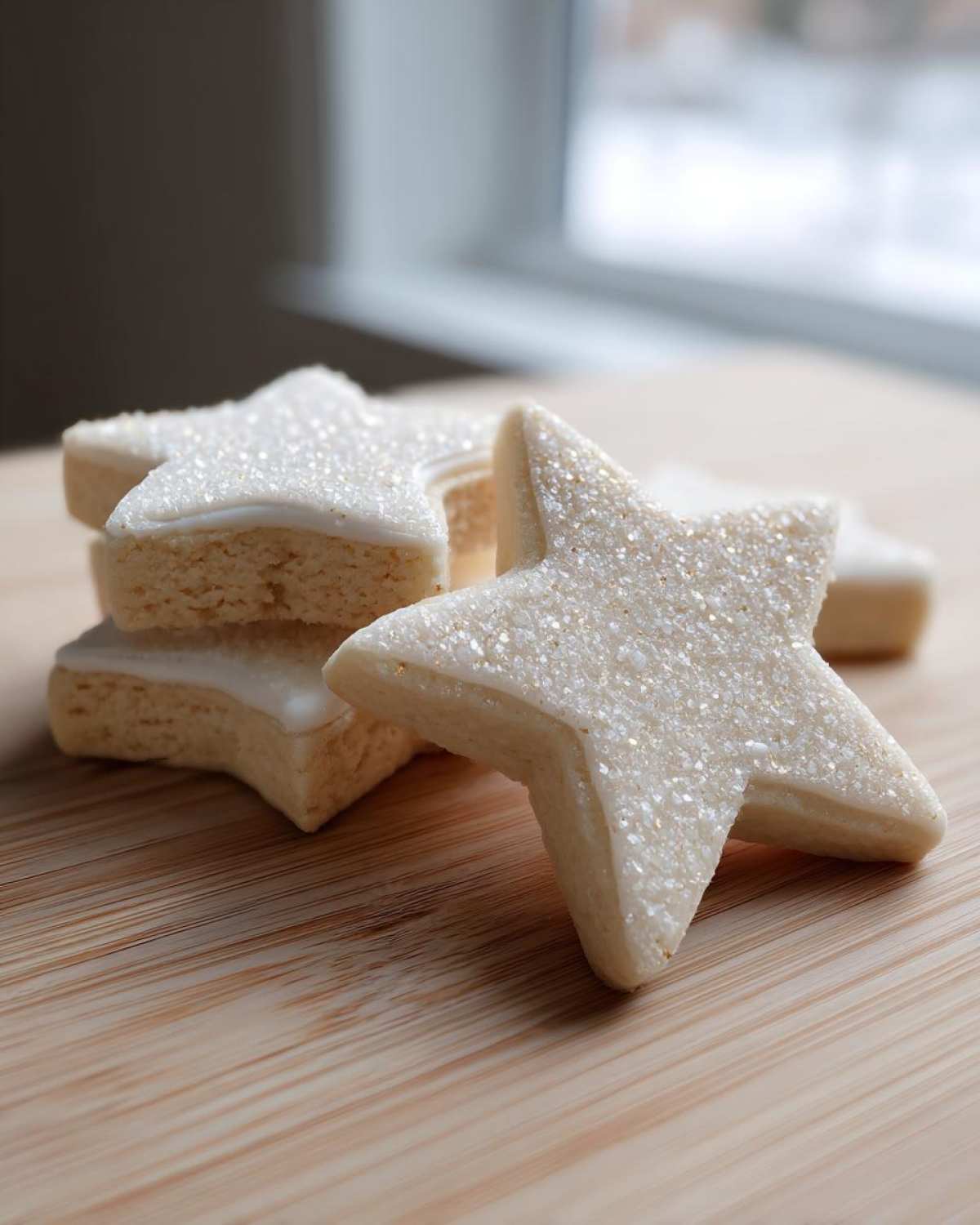 Close-up of soft, star-shaped vegan sugar cookies decorated with white icing and sparkling sugar.