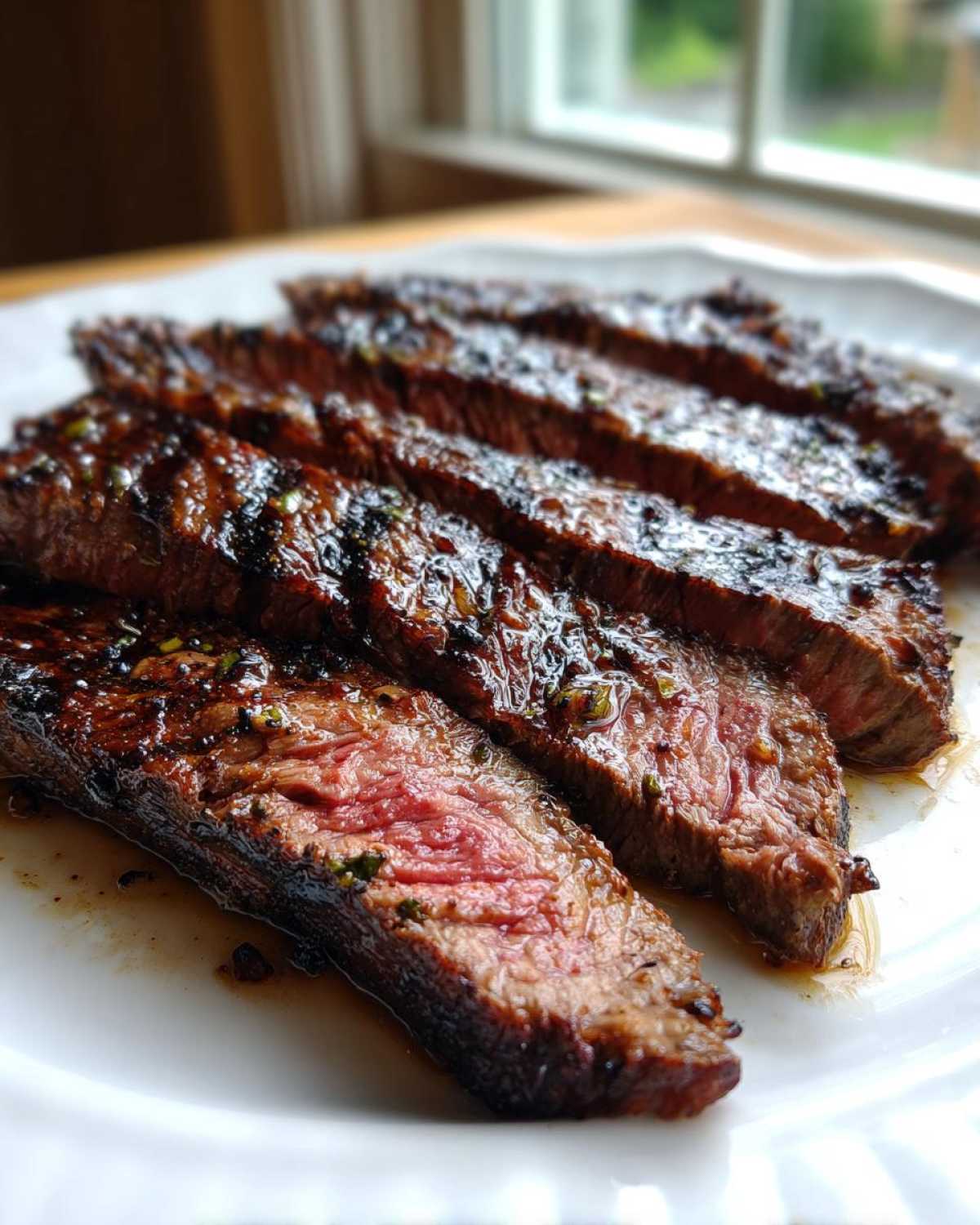 Slices of medium-rare steak showing a juicy interior, coated in a dark glaze from the carne asada marinade.