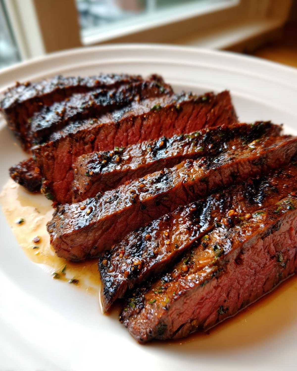 Slices of medium-rare steak showing a rich, dark crust, marinated with the best carne asada marinade.