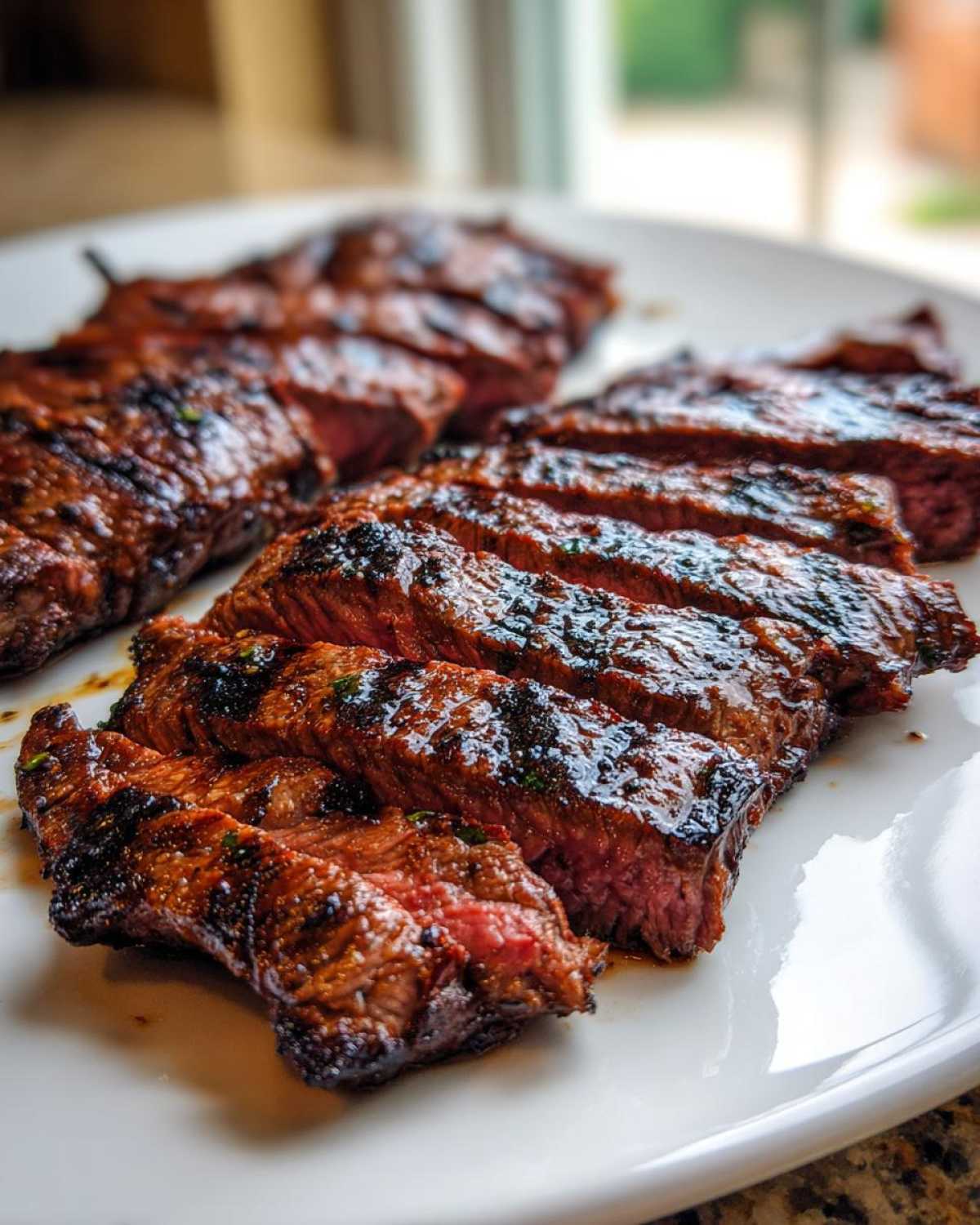 Close-up of medium-rare steak slices showing char marks, prepared with carne asada marinade.