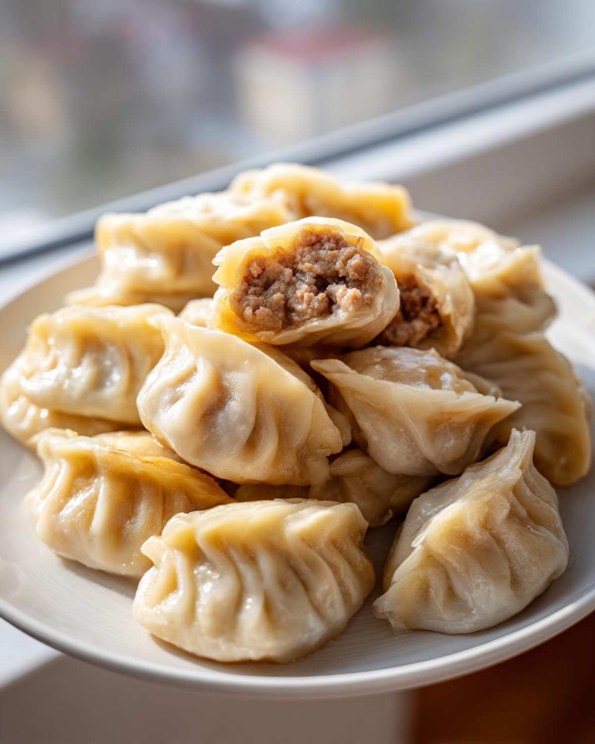 A plate piled high with freshly steamed Traditional Chinese Dumplings, one cut open to show the savory meat filling.