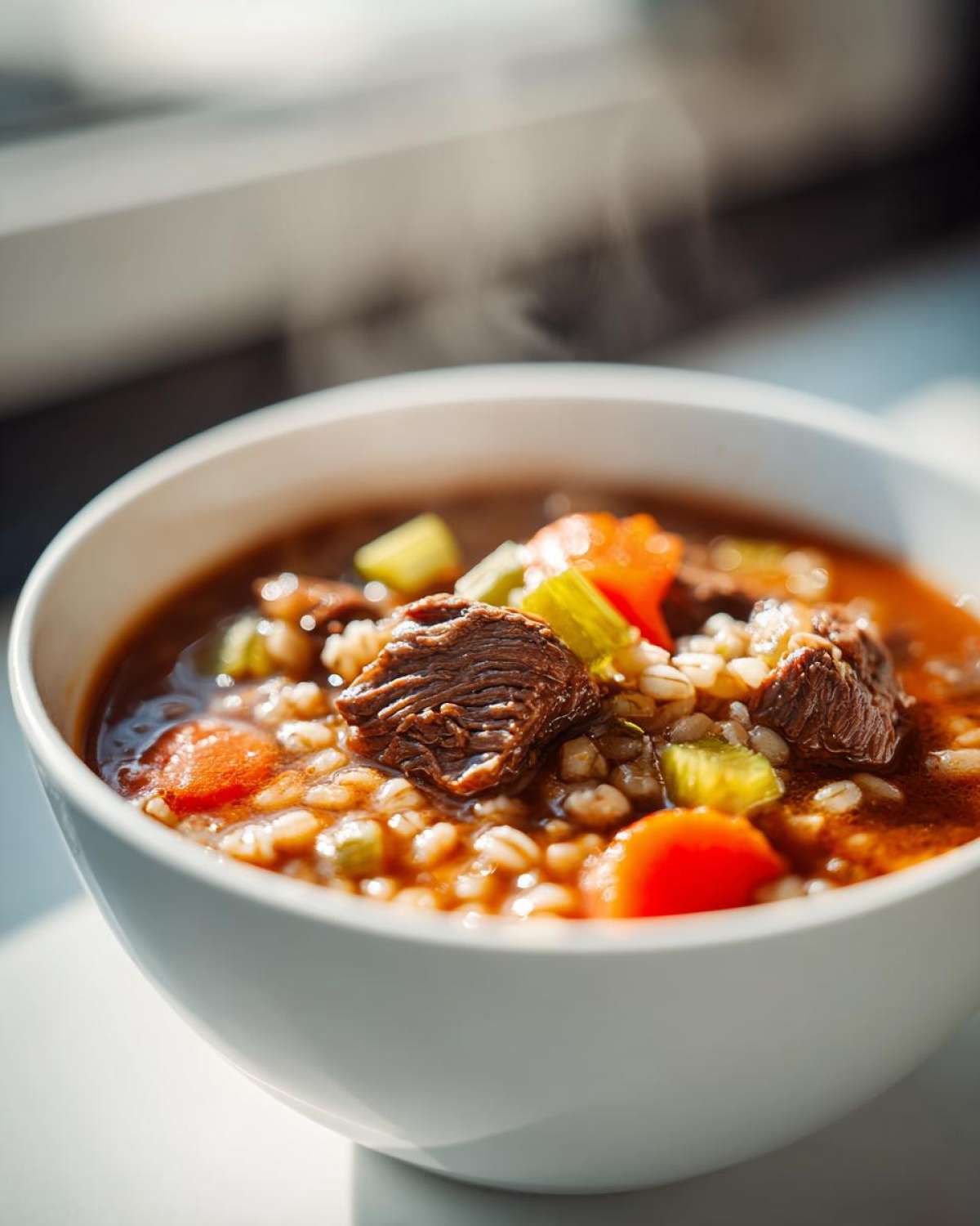 Close-up of a steaming white bowl filled with rich beef barley soup, featuring chunks of beef, carrots, celery, and barley.