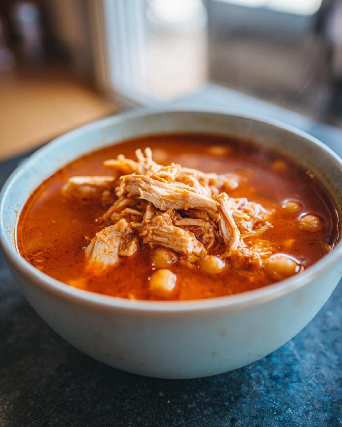 Close-up of a steaming bowl of rich, red broth chicken pozole topped with shredded chicken and hominy.