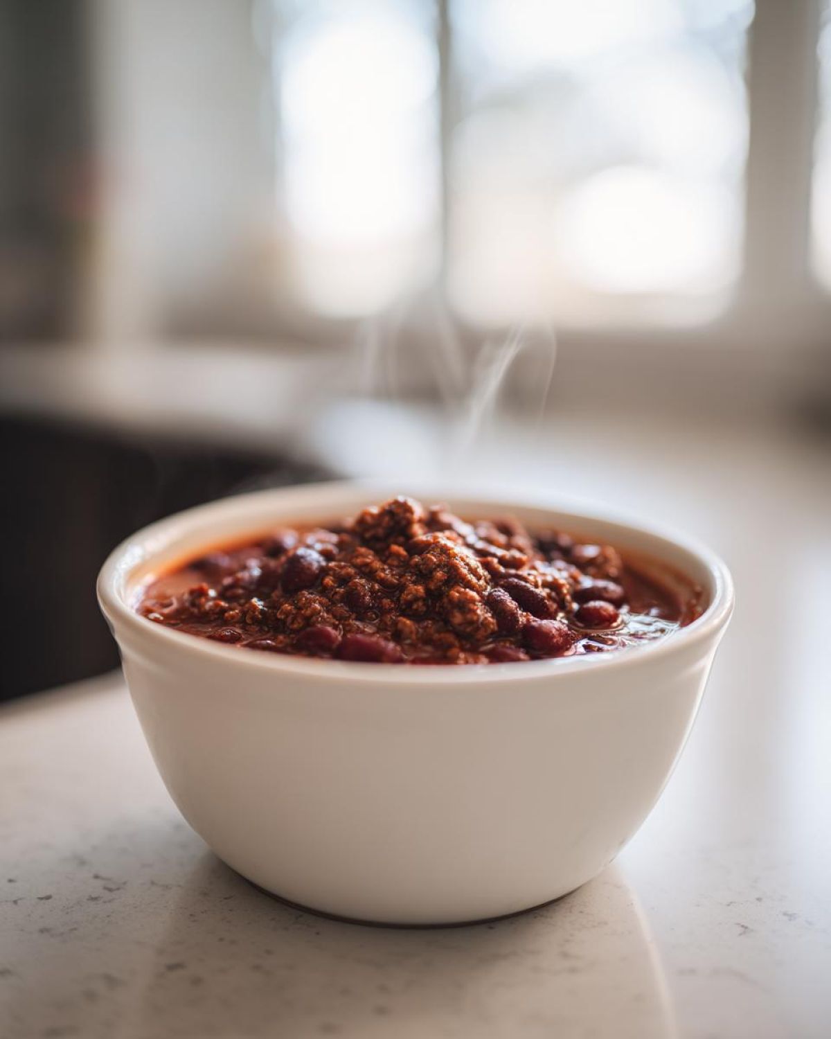 A close-up of a white bowl filled with steaming, rich crockpot chili featuring ground meat and kidney beans.