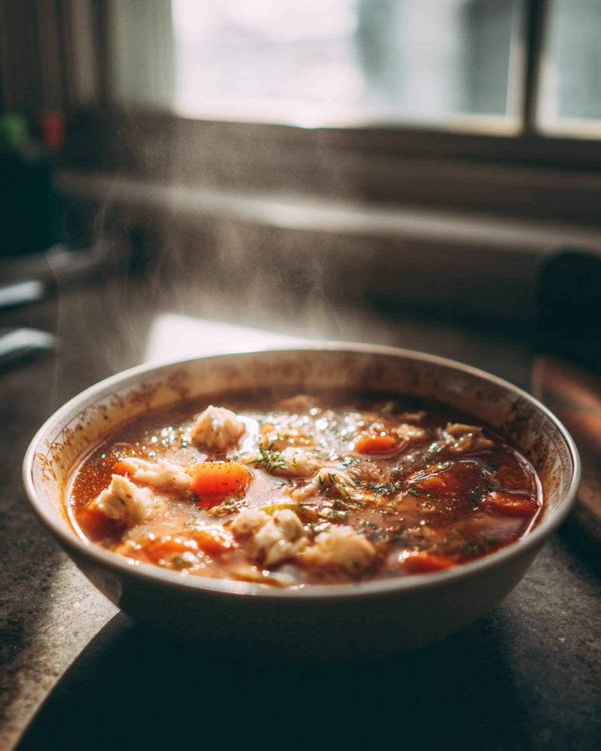 A steaming bowl of rich, tomato-based maryland crab soup featuring visible chunks of white crab meat and carrots.
