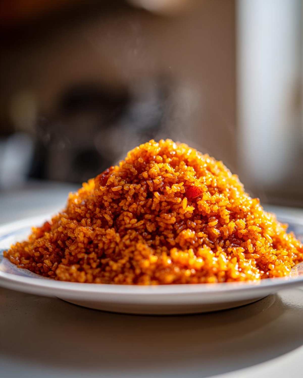 A large, steaming mound of vibrant orange Nigerian jollof rice served on a white plate.