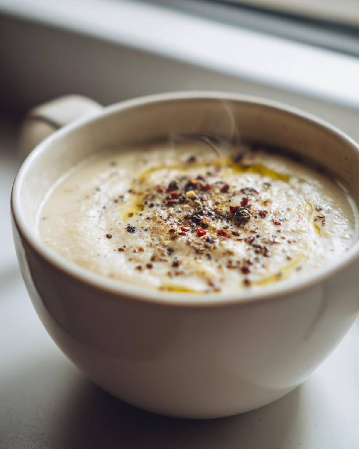 Close-up of steaming roasted cauliflower soup topped with cracked pepper and olive oil in a white mug.