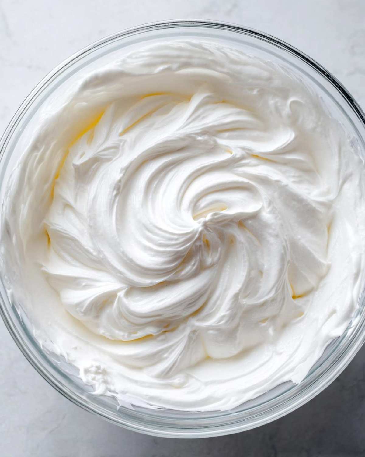 Overhead view of stiff, bright white royal icing recipe mixture swirled in a clear glass mixing bowl.