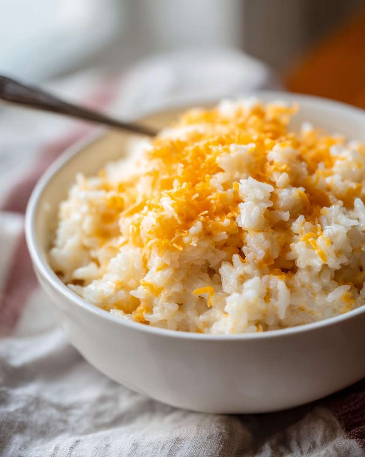 Close-up of a white bowl filled with creamy, white cheesy rice topped with shredded cheddar cheese.