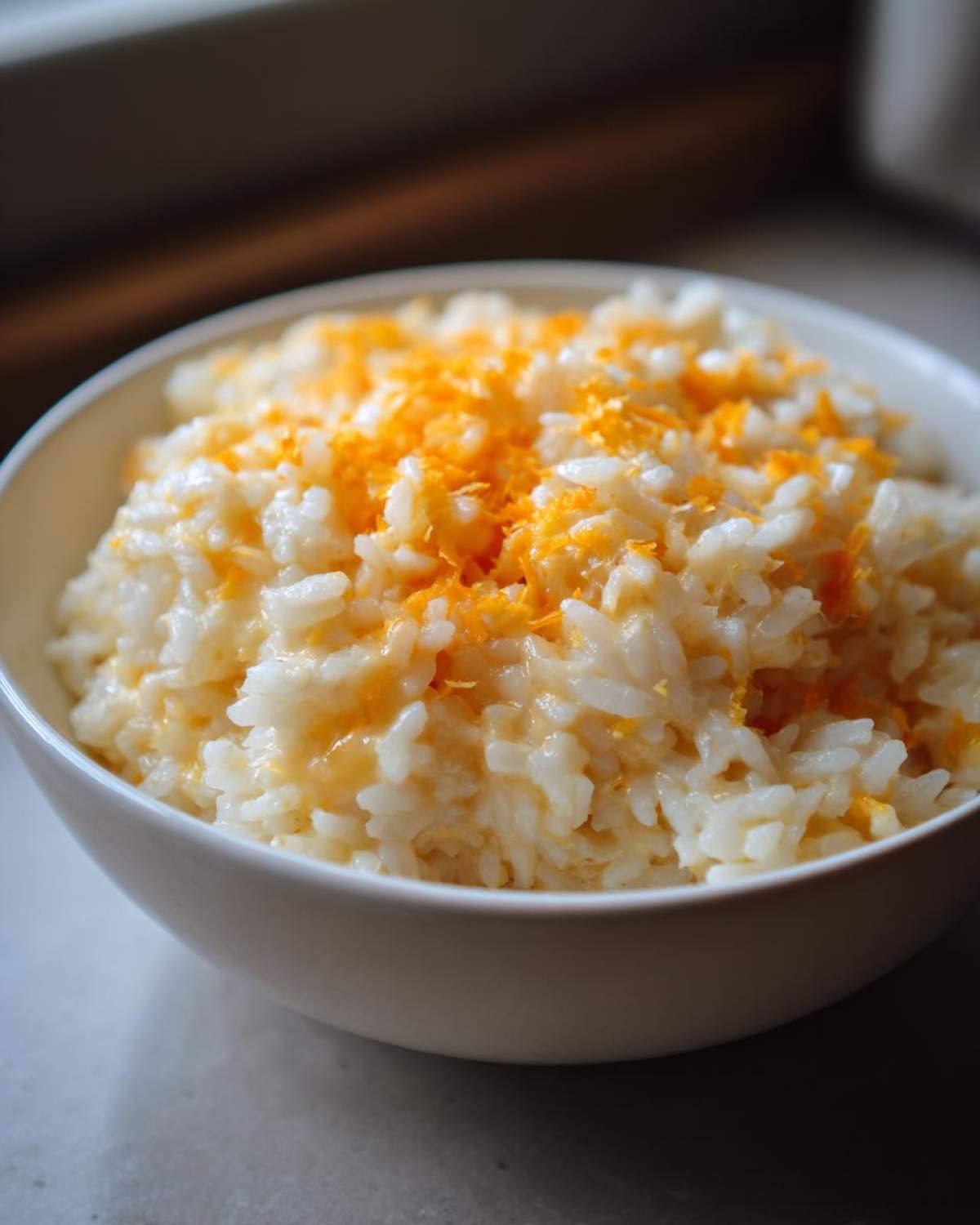 Close-up of a white bowl filled with creamy, stovetop cheesy rice topped with bright orange shredded cheese.