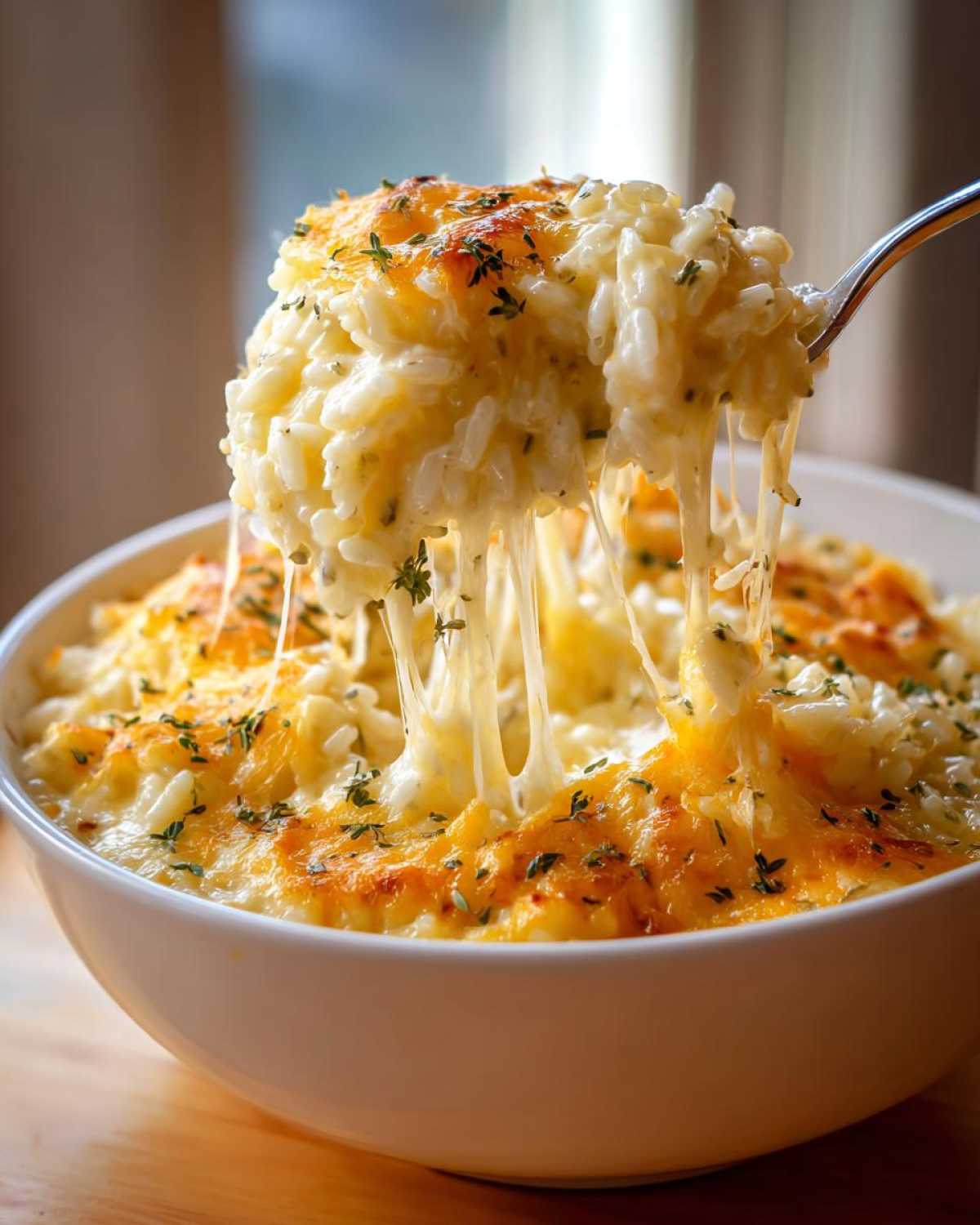 A spoonful of creamy, cheesy rice is lifted from a bowl, showing long, dramatic cheese pulls of the cheesy rice.