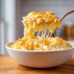 A spoonful of incredibly gooey and cheesy rice being lifted from a white bowl, showing long cheese pulls of cheesy rice.