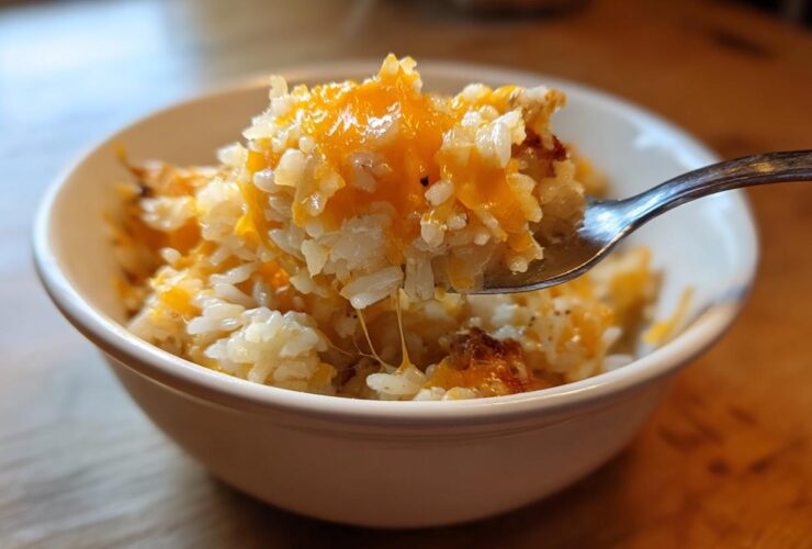 A spoonful of creamy, stovetop cheesy rice topped with melted orange cheddar cheese being lifted from a white bowl.