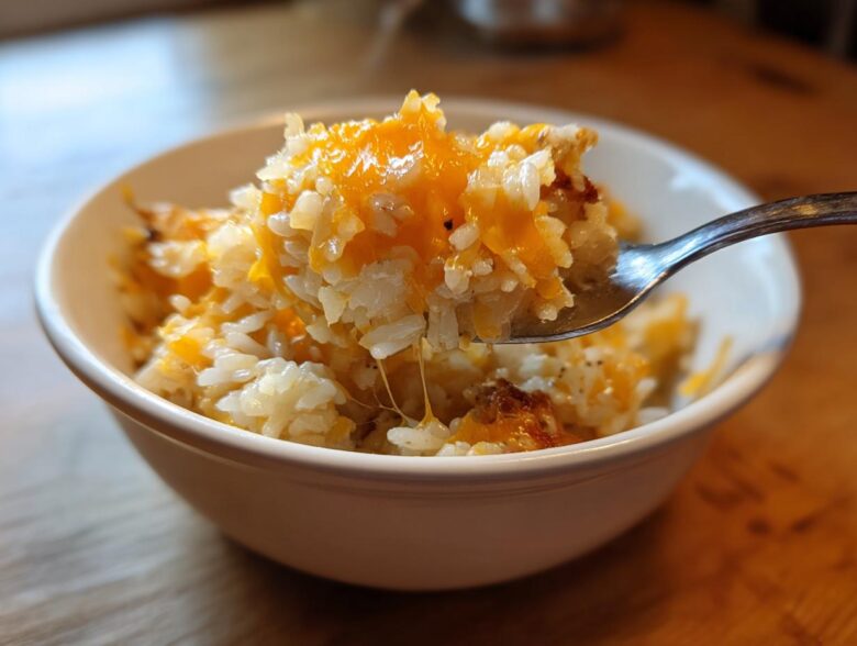 A spoonful of creamy, stovetop cheesy rice topped with melted orange cheddar cheese being lifted from a white bowl.
