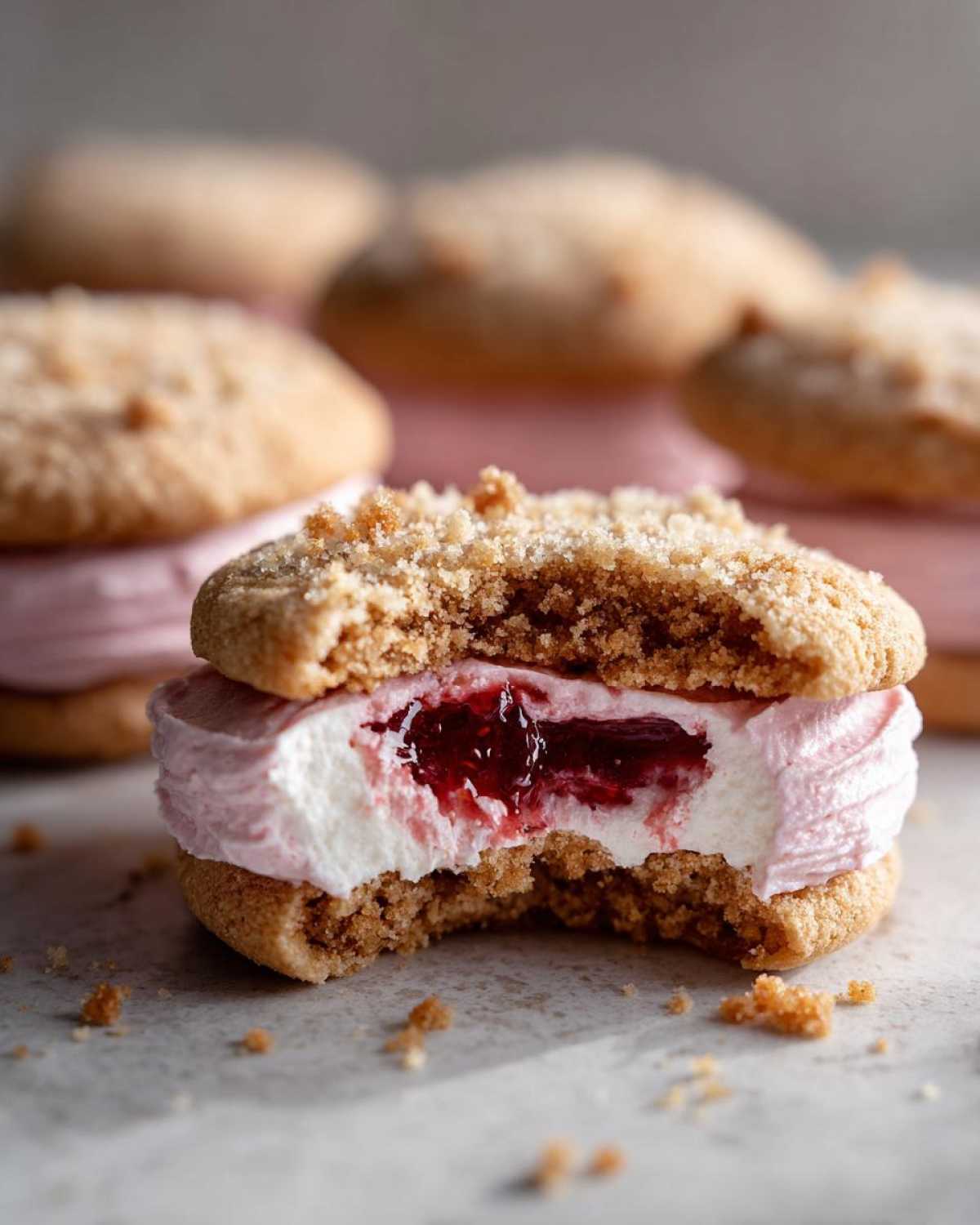 Close-up of a strawberry cheesecake cookies sandwich, bitten to show pink frosting and strawberry jam filling.