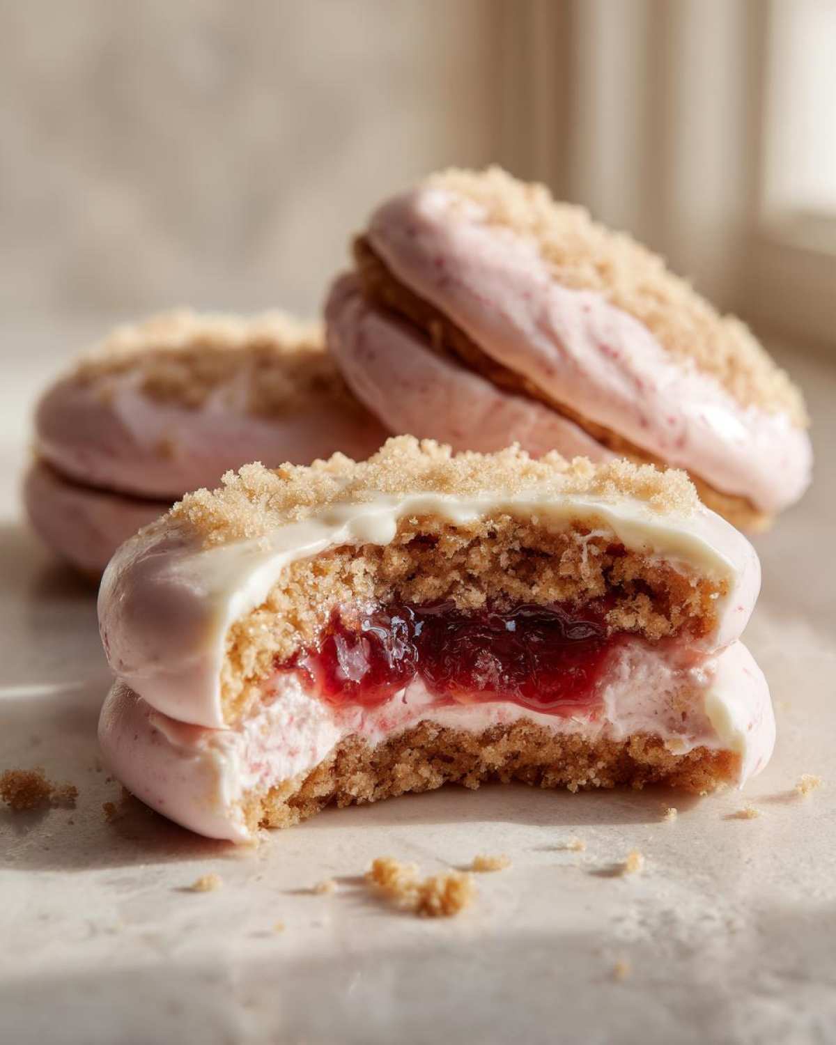Close-up of a strawberry cheesecake cookies sandwich cookie, bitten to show strawberry jam filling and pink cream.
