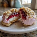Close-up of strawberry cheesecake cookies cut in half showing layers of cookie base, cream cheese, pink frosting, and strawberry jam topping.