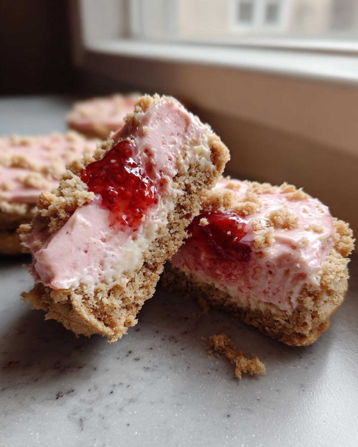 Close-up of strawberry cheesecake cookies cut in half showing the graham cracker base, creamy pink filling, and strawberry jam swirl.