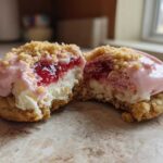 A strawberry cheesecake cookie split in half showing the layers of cookie base, cheesecake filling, strawberry jam, and pink frosting.