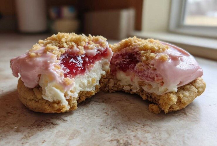 A strawberry cheesecake cookie split in half showing the layers of cookie base, cheesecake filling, strawberry jam, and pink frosting.